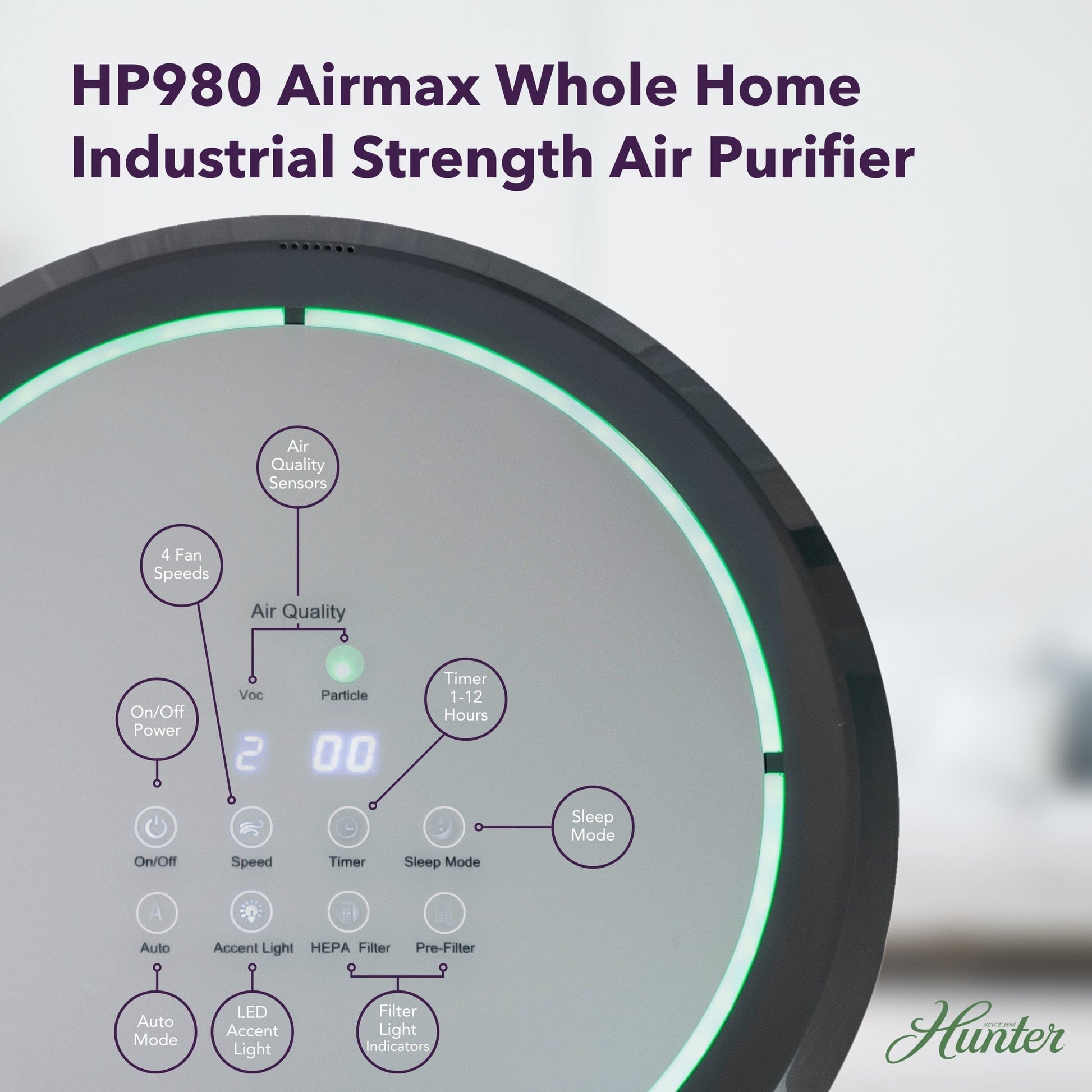 Hunter Fan Company HP980 AirMax Whole Home Industrial Strength Air Purifier, 31" Tall, Gray Hunter Pure Air 