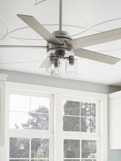 Indoor ceiling fan mounted with downrod.